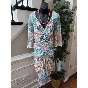 City Chic Dress Women Size 20 Multicolor Floral Ruched V Neck Midi Sheath